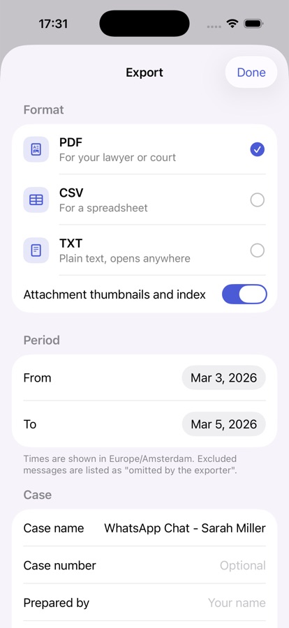 Exhibit's export screen on iPhone with PDF, CSV and TXT options