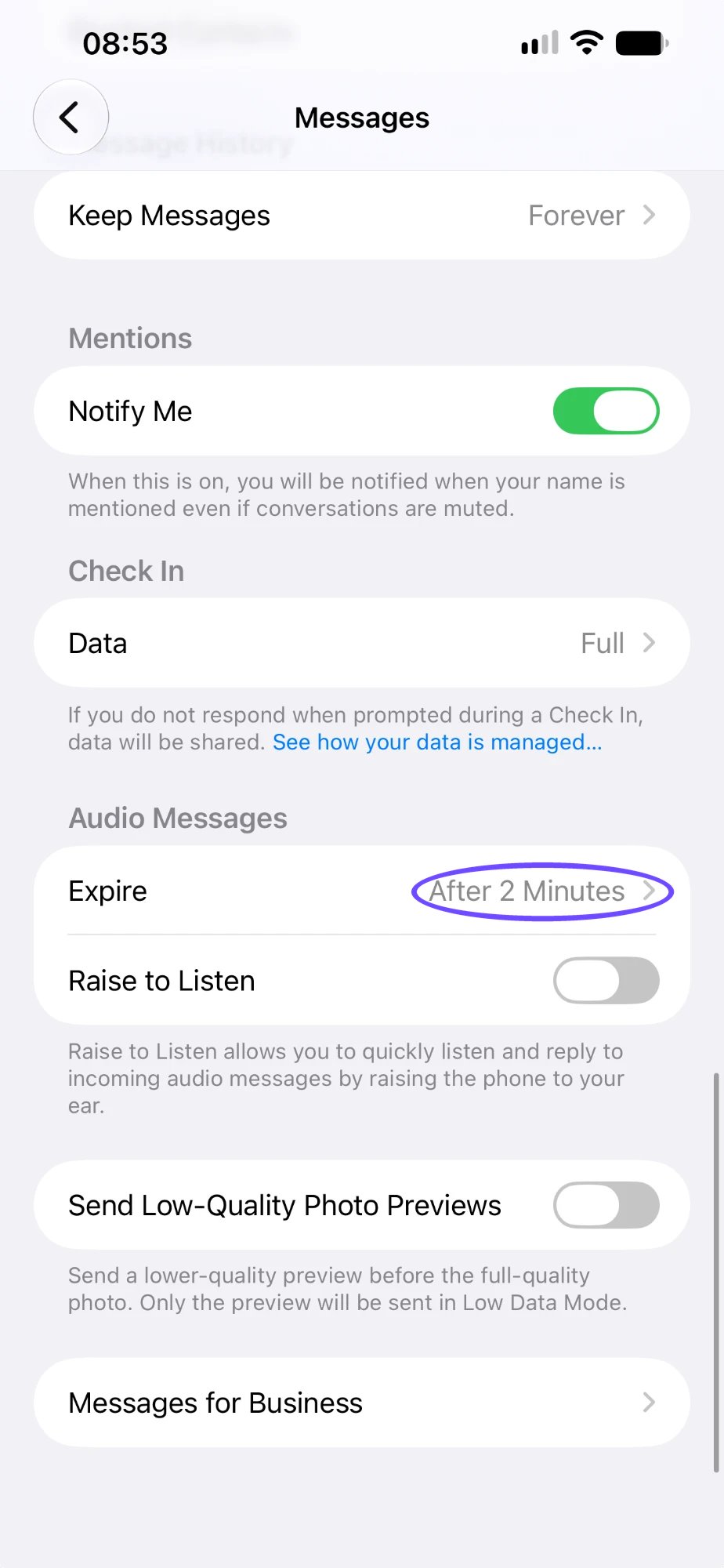 Audio Messages settings on an iPhone with iOS 26: Expire is set to After 2 Minutes by default