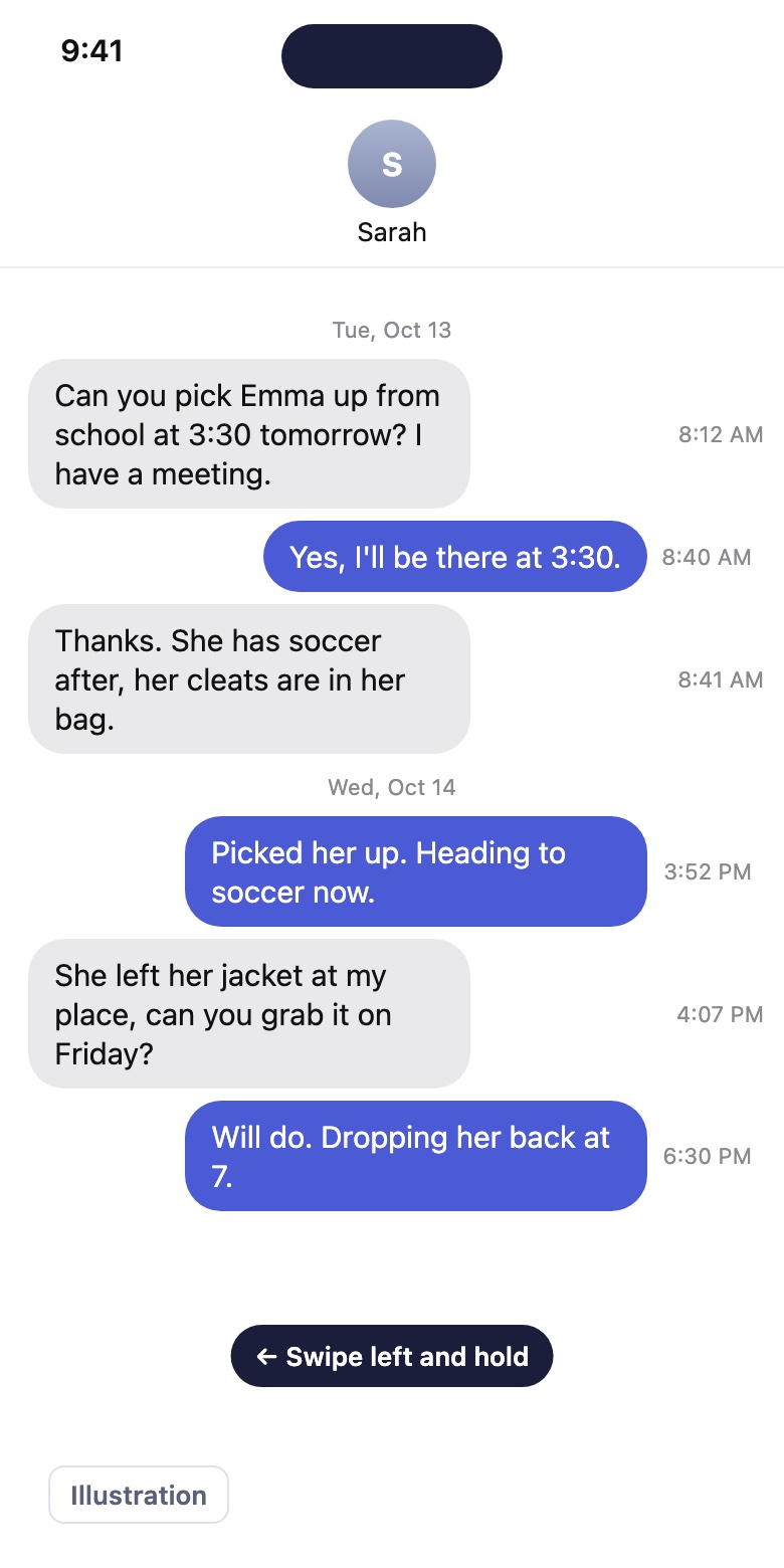 Illustration: swipe left and hold in a Messages conversation to show the time of every message