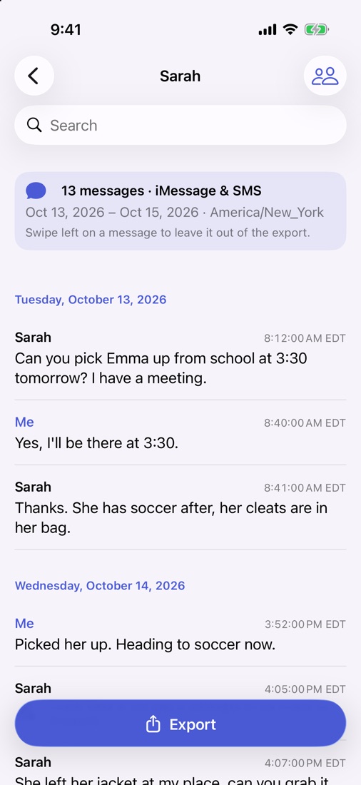 An iMessage conversation in Exhibit, grouped by day with the time of every message