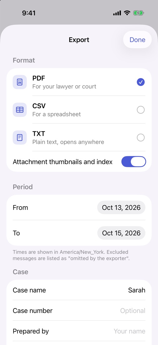 Exhibit's export screen on iPhone with PDF, CSV and TXT formats and a From and To period