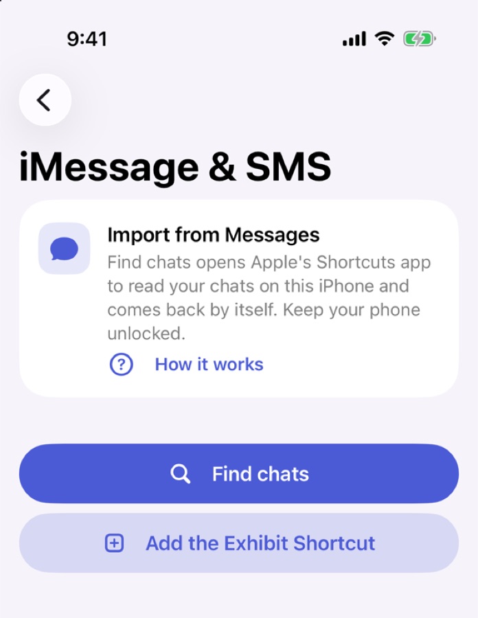 The iMessage and SMS screen in Exhibit with Find chats