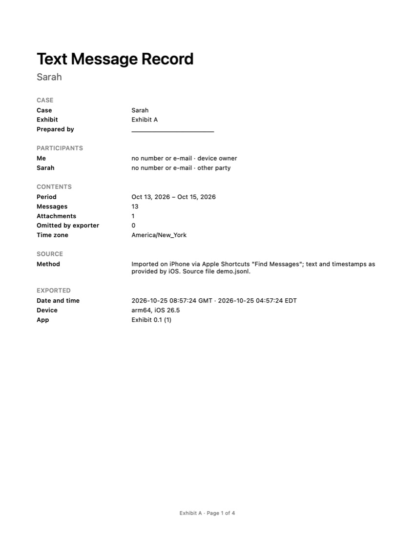The cover page of an Exhibit PDF with participants, period and time zone