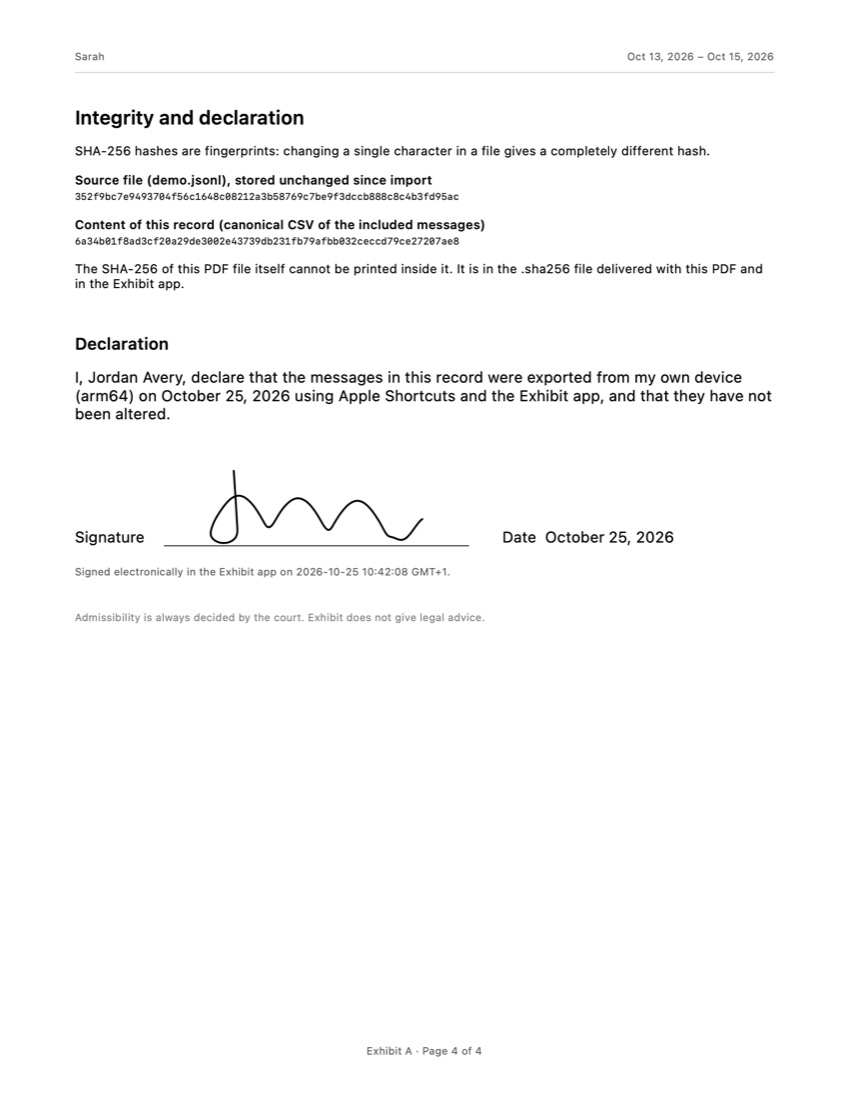 The integrity page of an Exhibit PDF with SHA-256 fingerprints and a declaration to sign
